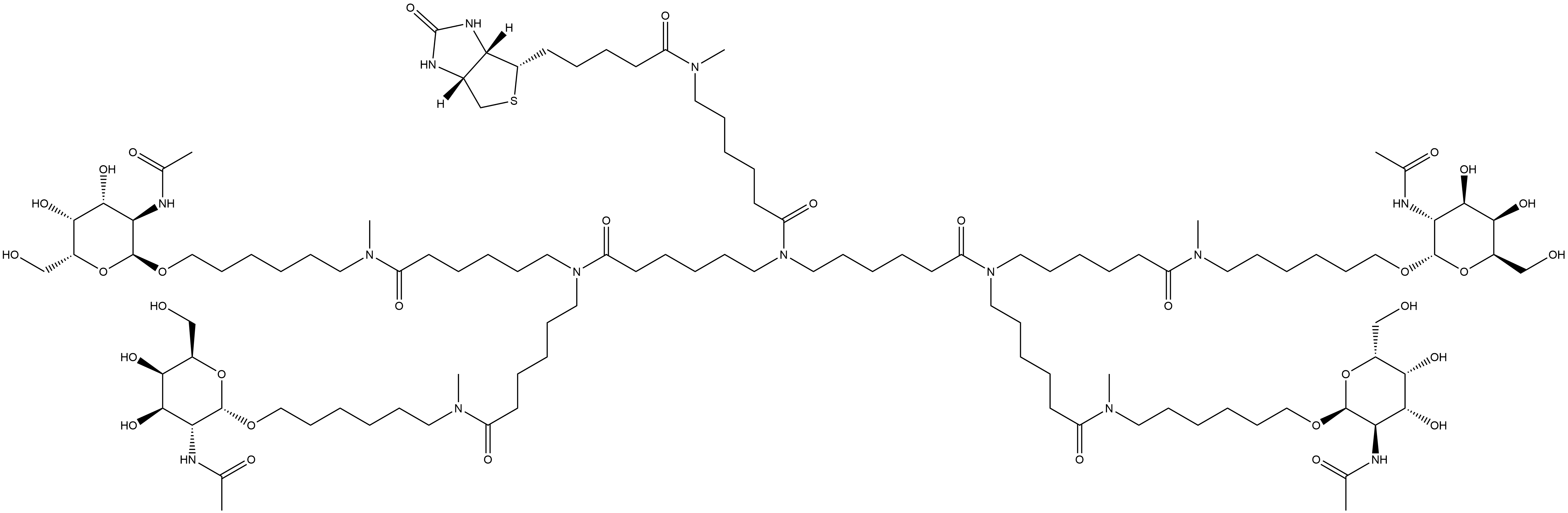 (3aS,4S,6aR)-N-[6-[Bis[6-[bis[6-[[6-[[2-(acetylamino)-2-deoxy-α-D-galactopyranosyl]oxy]hexyl]methylamino]-6-oxohexyl]amino]-6-oxohexyl]amino]-6-oxohexyl]hexahydro-N-methyl-2-oxo-1H-thieno[3,4-d]imidazole-4-pentanamide 结构式