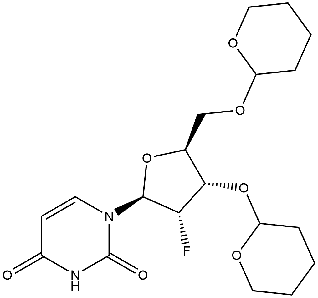 2,4(1H,3H)-Pyrimidinedione, 1-[2-deoxy-2-fluoro-3,5-bis-O-(tetrahydro-2H-pyran-2-yl)-β-L-ribofuranosyl]- 结构式