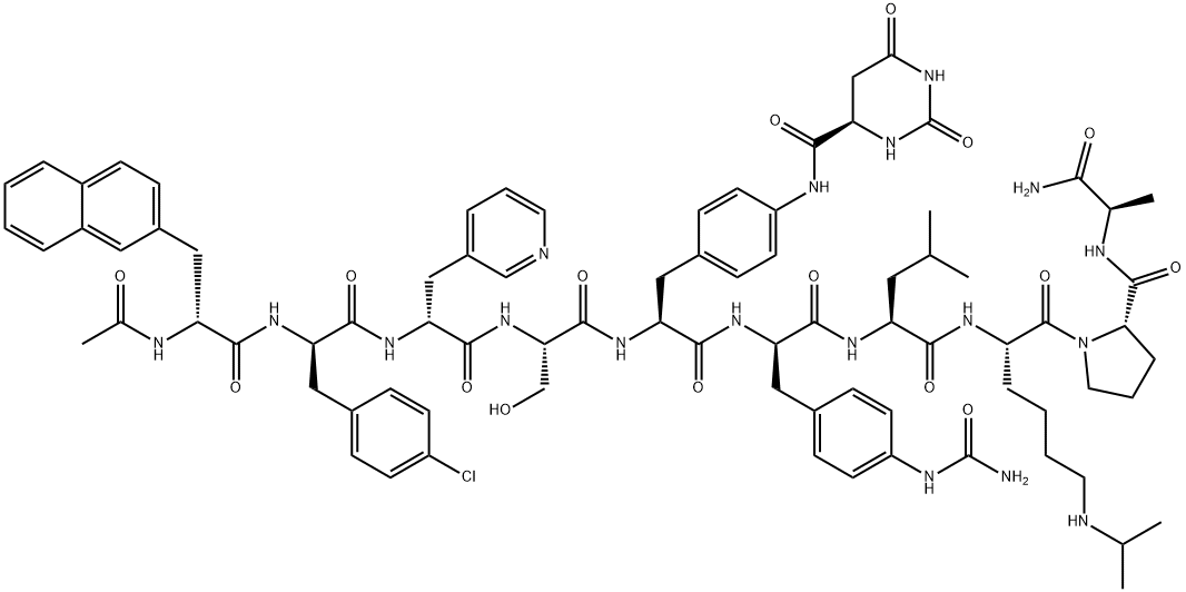 D-Alaninamide, N-acetyl-3-(2-naphthalenyl)-D-alanyl-4-chloro-D-phenylalanyl-3-(3-pyridinyl)-D-alanyl-L-seryl-4-[[[(4R)-hexahydro-2,6-dioxo-4-pyrimidinyl]carbonyl]amino]-L-phenylalanyl-4-[(aminocarbonyl)amino]-D-phenylalanyl-L-leucyl-N6-(1-methylethyl)-L-lysyl-L-prolyl- 结构式