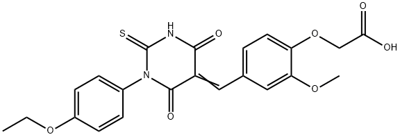 2-[4-[(E)-[1-(4-ethoxyphenyl)-4,6-dioxo-2-sulfanylidene-1,3-diazinan-5-ylidene]methyl]-2-methoxyphenoxy]acetic acid 结构式