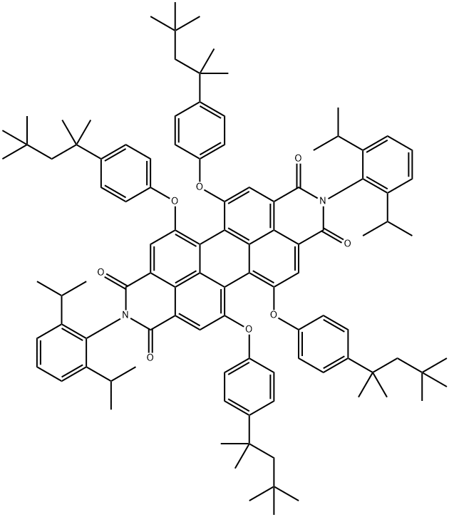 N、 N'-二-(2,6-二异丙基苯基)-1,6,7,12-四-(4-叔辛基苯氧基)-苝-3,4,9,10四羧酸二亚胺 结构式