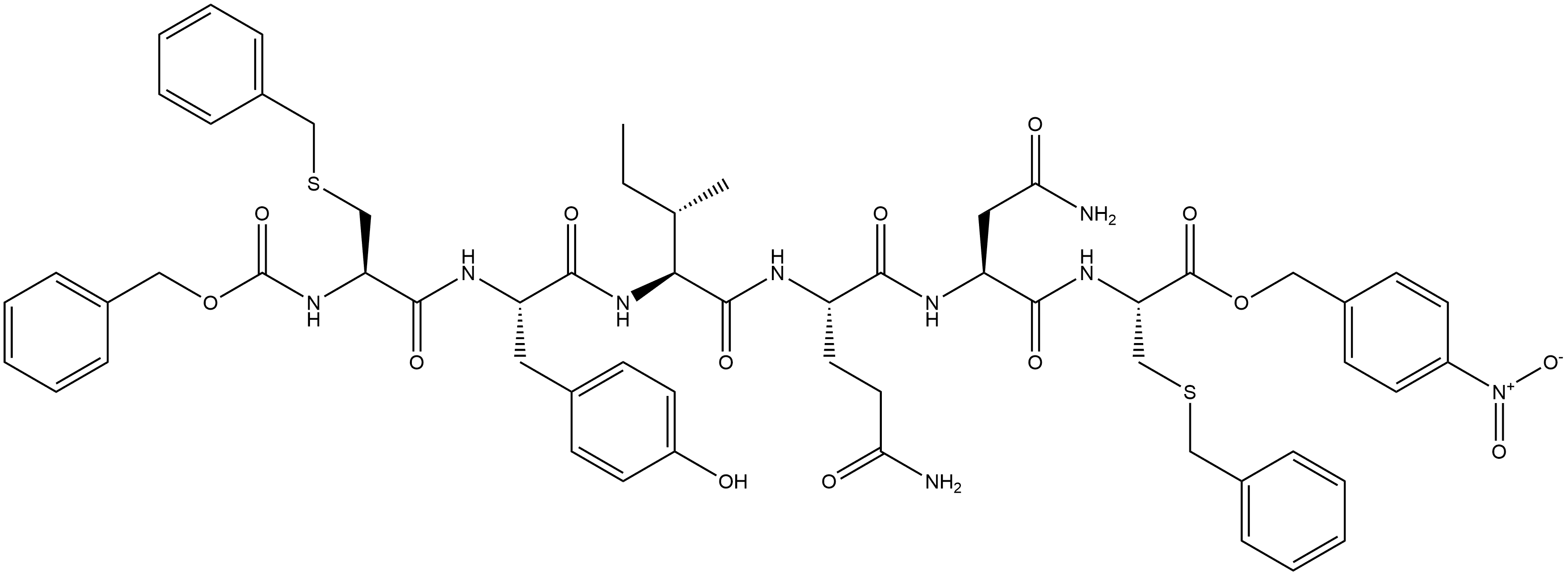 Alanine, 3-(benzylthio)-N-[N2-[N2-[N-[N-[3-(benzylthio)-N-carboxy-L-alanyl]-L-tyrosyl]-L-isoleucyl]-L-glutaminyl]-L-asparaginyl]-, N-benzyl p-nitrobenzyl ester, L- (8CI) 结构式