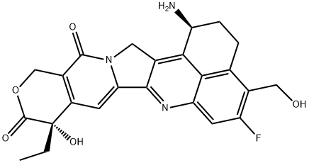 10H,13H-Benzo[de]pyrano[3',4':6,7]indolizino[1,2-b]quinoline-10,13-dione, 1-amino-9-ethyl-5-fluoro-1,2,3,9,12,15-hexahydro-9-hydroxy-4-(hydroxymethyl)-, (1S,9S)- (9CI) 结构式