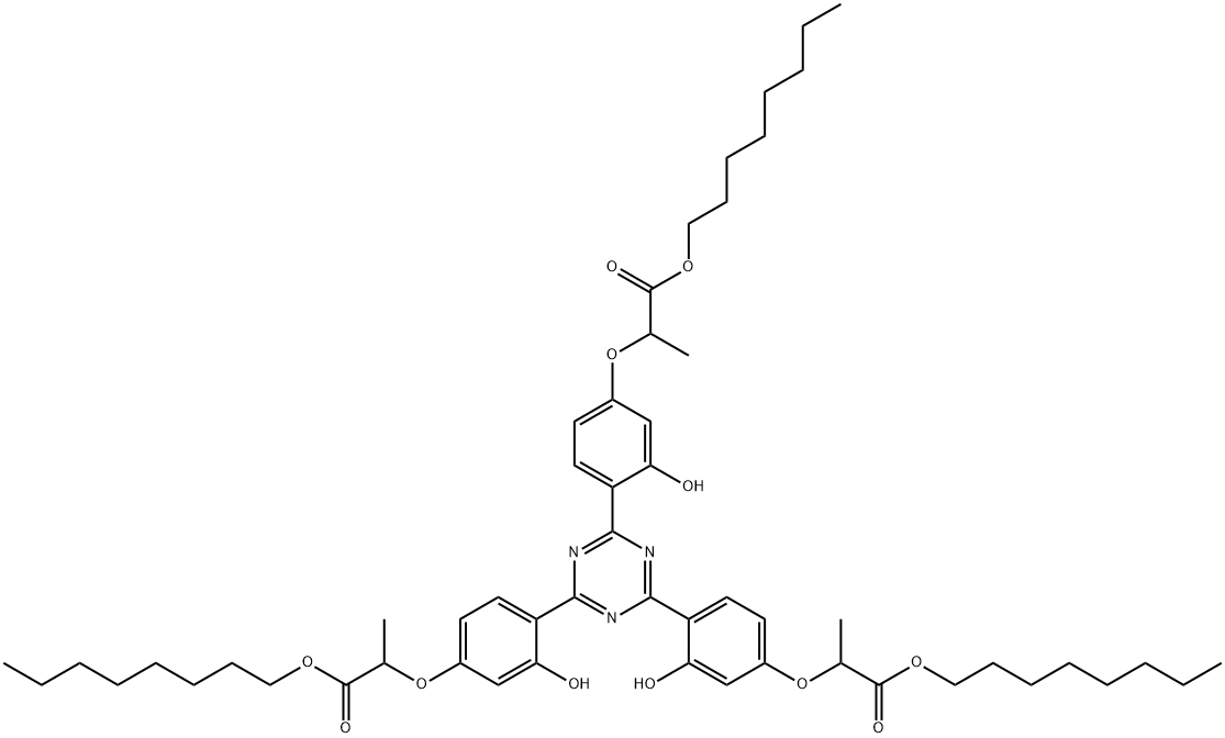 Propanoic acid, 2,2',2''-[1,3,5-triazine-2,4,6-triyltris[(3-hydroxy-4,1-phenylene)oxy]]tris-, 1,1',1''-trioctyl ester 结构式