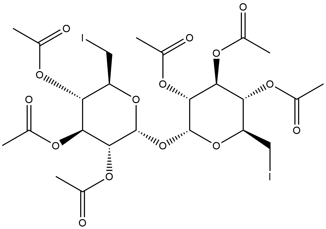 Α-D-GLUCOPYRANOSIDE, 2,3,4-TRI-O-ACETYL-6-DEOXY-6-IODO-Α-D-GLUCOPYRANOSYL 6-DEOXY-6-IODO-, 2,3,4-TRIACETATE 结构式