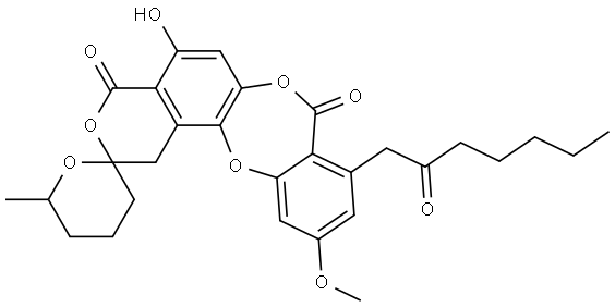 Spiro[2H,8H-[1,4]benzodioxepino[2,3-f][2]benzopyran-2,2'-[2H]pyran]-4,8(1H)-dione, 3',4',5',6'-tetrahydro-5-hydroxy-11-methoxy-6'-methyl-9-(2-oxoheptyl)- 结构式