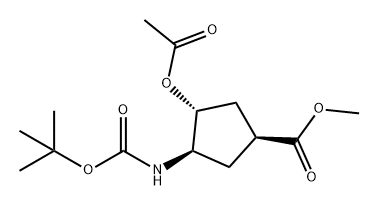 Cyclopentanecarboxylic acid, 3-(acetyloxy)-4-[[(1,1-dimethylethoxy)carbonyl]amino]-, methyl ester, (1S,3R,4R)- 结构式