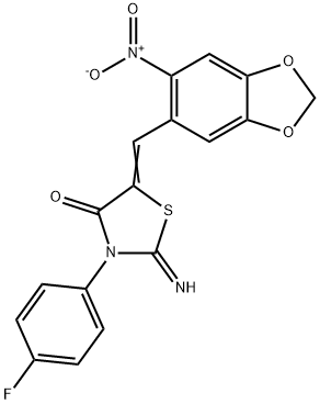 3-(4-Fluorophenyl)-2-imino-5-((6-nitrobenzo[d][1,3]dioxol-5-yl)methylene)thiazolidin-4-one 结构式