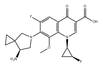 3-Quinolinecarboxylic acid, 7-[(7S)-7-amino-5-azaspiro[2.4]hept-5-yl]-6-fluoro-1-[(1R,2S)-2-fluorocyclopropyl]-1,4-dihydro-8-methoxy-4-oxo- 结构式