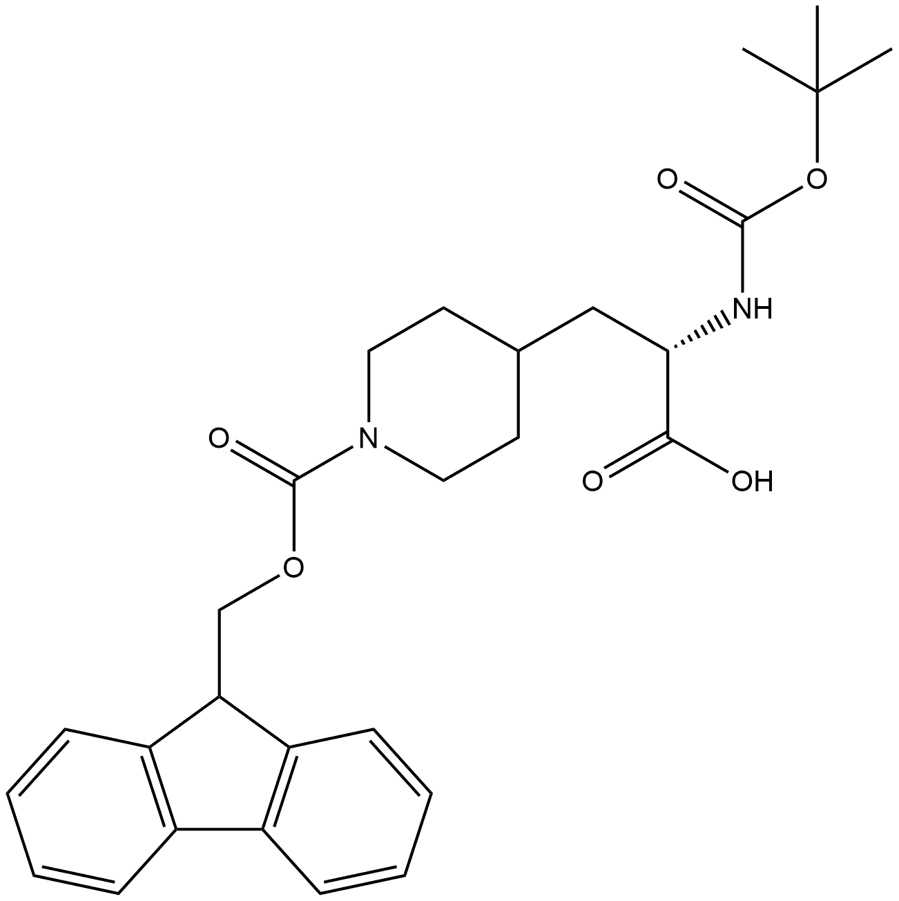 (S)-2-(BOC-氨基)-3-(1-FMOC-4-哌啶基)丙酸 结构式