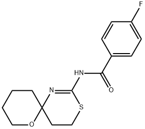 4-Fluoro-N-(7-oxa-3-thia-1-azaspiro[5.5]undec-1-en-2-yl)benzamide 结构式