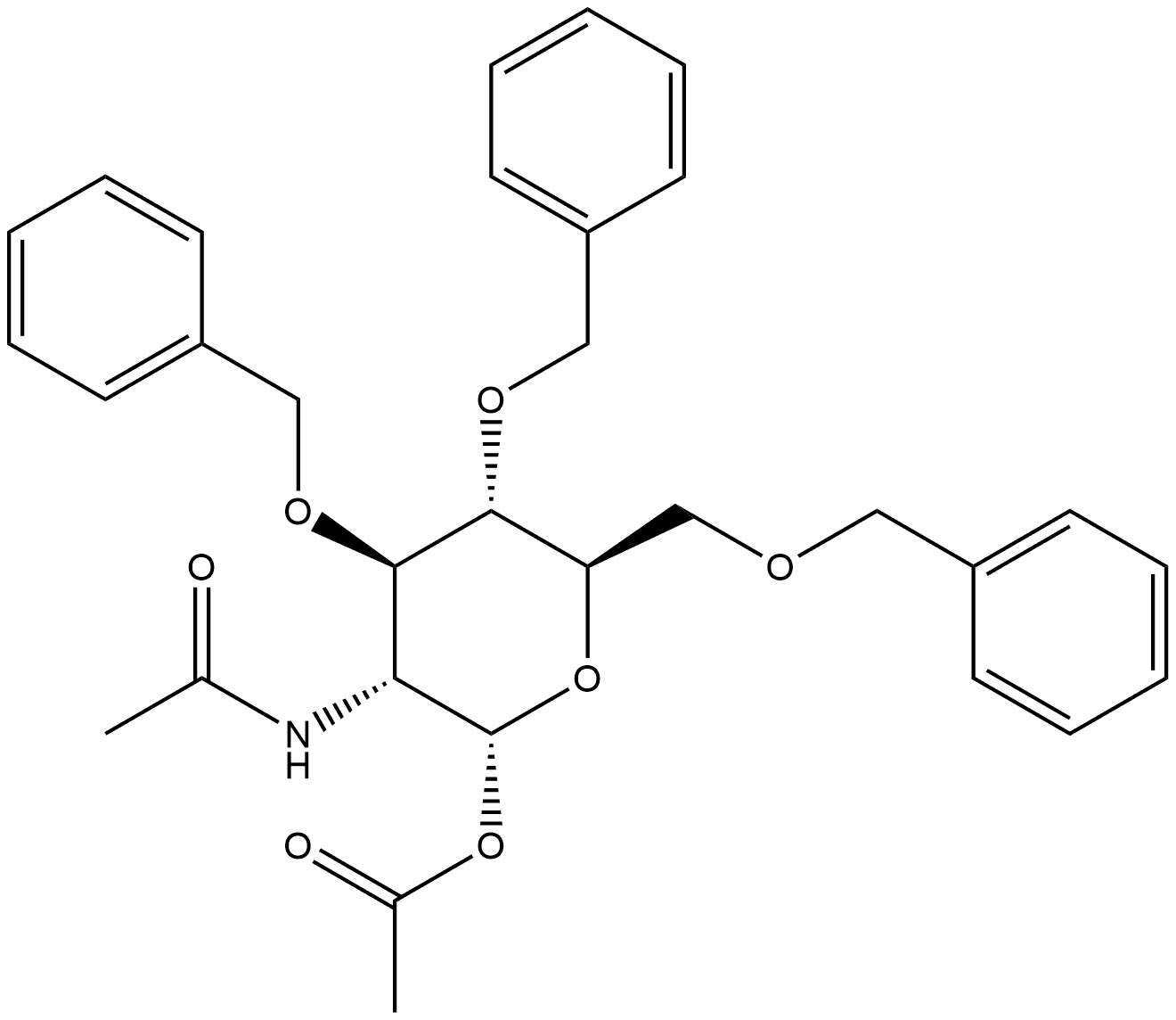 α-D-Glucopyranose, 2-(acetylamino)-2-deoxy-3,4,6-tris-O-(phenylmethyl)-, 1-acetate 结构式