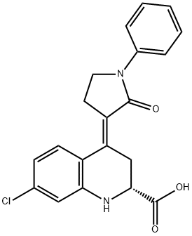 2-Quinolinecarboxylic acid, 7-chloro-1,2,3,4-tetrahydro-4-(2-oxo-1-phenyl-3-pyrrolidinylidene)-, (2R,4E)- 结构式