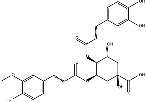 Cyclohexanecarboxylic acid, 4-[[3-(3,4-dihydroxyphenyl)-1-oxo-2-propen-1-yl]oxy]-1,3-dihydroxy-5-[[3-(4-hydroxy-3-methoxyphenyl)-1-oxo-2-propen-1-yl]oxy]-, (1R,3R,4S,5R)- 结构式