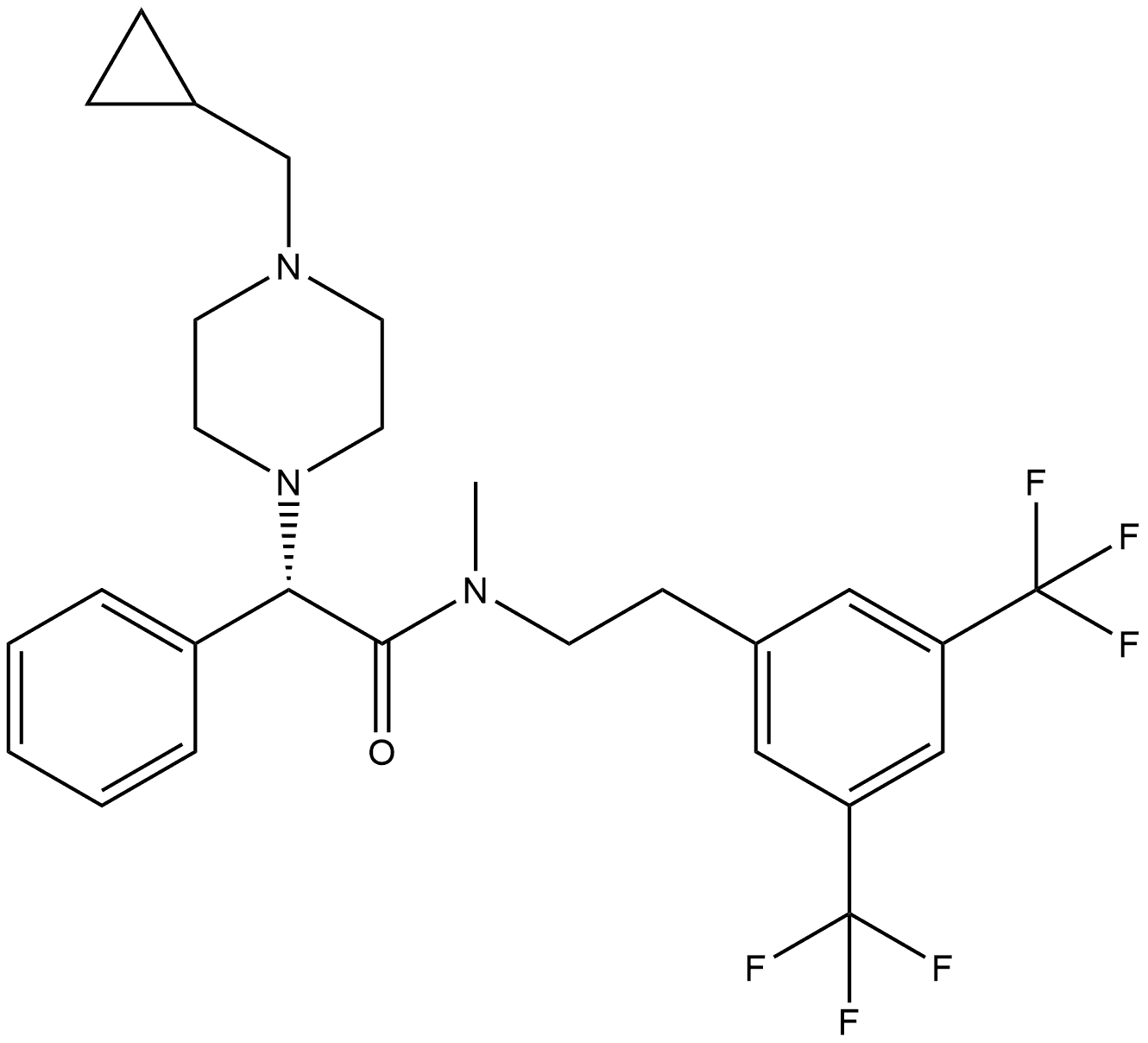 1-Piperazineacetamide, N-[2-[3,5-bis(trifluoromethyl)phenyl]ethyl]-4-(cyclopropylmethyl)-N-methyl-α-phenyl-, (αS)- 结构式