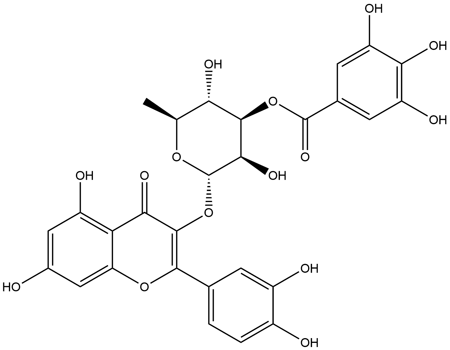 4H-1-Benzopyran-4-one, 3-[[6-deoxy-3-O-(3,4,5-trihydroxybenzoyl)-α-L-mannopyranosyl]oxy]-2-(3,4-dihydroxyphenyl)-5,7-dihydroxy- 结构式