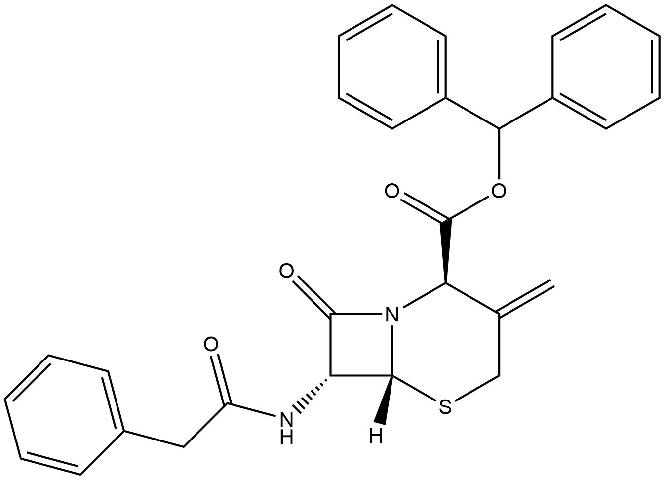 5-Thia-1-azabicyclo[4.2.0]octane-2-carboxylic acid, 3-methylene-8-oxo-7-[(phenylacetyl)amino]-, diphenylmethyl ester, [2R-(2α,6α,7β)]- (9CI) 结构式