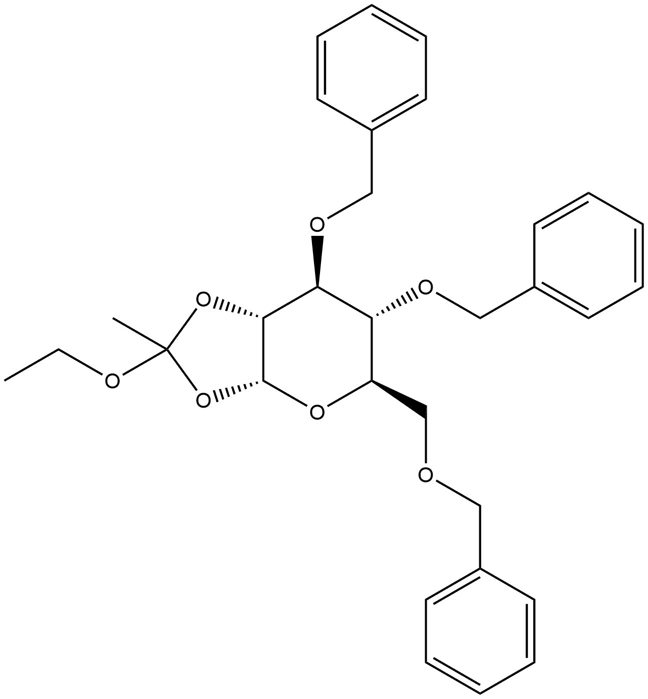 α-D-Glucopyranose, 1,2-O-(1-ethoxyethylidene)-3,4,6-tris-O-(phenylmethyl)- 结构式