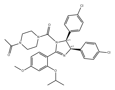 Ethanone, 1-[4-[[(4R,5S)-4,5-bis(4-chlorophenyl)-4,5-dihydro-2-[4-methoxy-2-(1-methylethoxy)phenyl]-1H-imidazol-1-yl]carbonyl]-1-piperazinyl]-, rel- 结构式