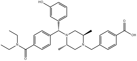 Benzoic acid, 4-[[(2R,5S)-4-[(R)-[4-[(diethylamino)carbonyl]phenyl](3-hydroxyphenyl)methyl]-2,5-dimethyl-1-piperazinyl]methyl]- 结构式