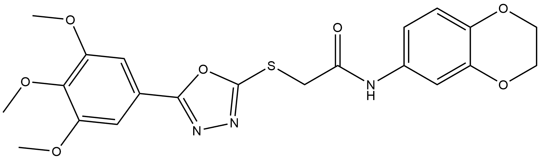 N-(2,3-Dihydrobenzo[b][1,4]dioxin-6-yl)-2-((5-(3,4,5-trimethoxyphenyl)-1,3,4-oxadiazol-2-yl)thio)acetamide 结构式