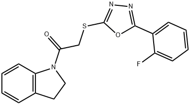 2-((5-(2-氟苯基)-1,3,4-恶二唑-2-基)硫基)-1-(吲哚啉-1-基)乙酮 结构式