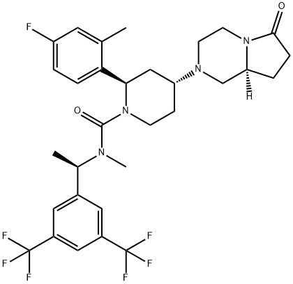 1-Piperidinecarboxamide, N-[(1R)-1-[3,5-bis(trifluoromethyl)phenyl]ethyl]-2-(4-fluoro-2-methylphenyl)-4-[(8aS)-hexahydro-6-oxopyrrolo[1,2-a]pyrazin-2(1H)-yl]-N-methyl-, (2R,4R)- 结构式