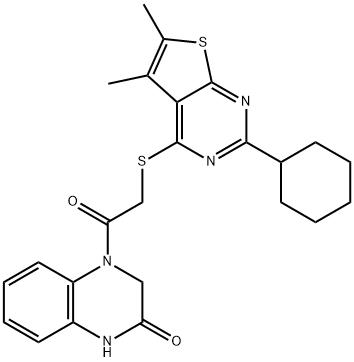 4-(2-((2-Cyclohexyl-5,6-dimethylthieno[2,3-d]pyrimidin-4-yl)thio)acetyl)-3,4-dihydroquinoxalin-2(1H)-one 结构式