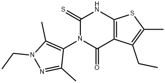 5-ethyl-3-(1-ethyl-3,5-dimethylpyrazol-4-yl)-6-methyl-2-sulfanylidene-1H-thieno[2,3-d]pyrimidin-4-one 结构式