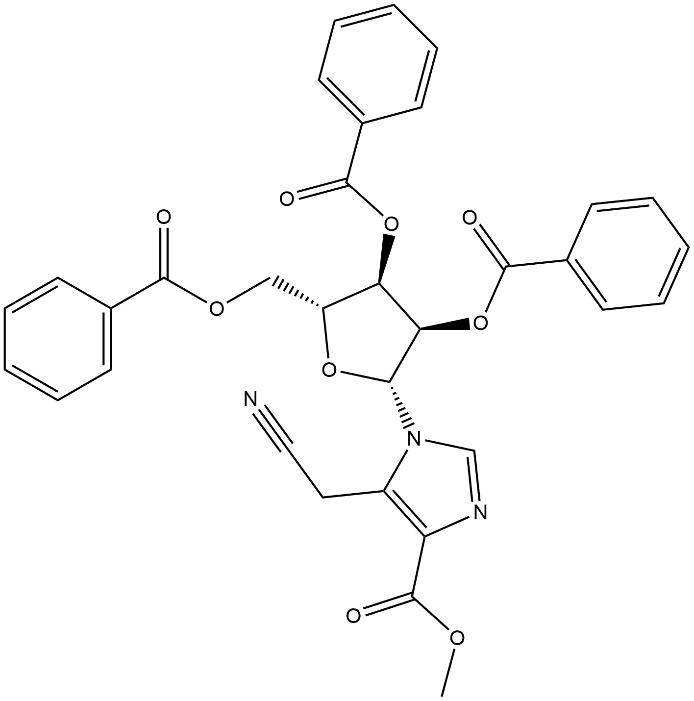 Methyl 5-(cyanomethyl)-1-(2,3,5-tri-O-benzoyl-β-D-ribofuranosyl)-1H-imidazole-4-carboxylate 结构式