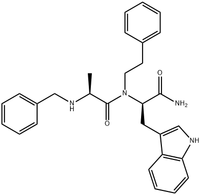 (S)-N-((R)-1-Amino-3-(1H-indol-3-yl)-1-oxopropan-2-yl)-2-(benzylamino)-N-phenethylpropanamide 结构式