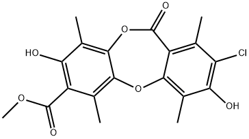 11H-Dibenzo[b,e][1,4]dioxepin-7-carboxylic acid, 2-chloro-3,8-dihydroxy-1,4,6,9-tetramethyl-11-oxo-, methyl ester 结构式