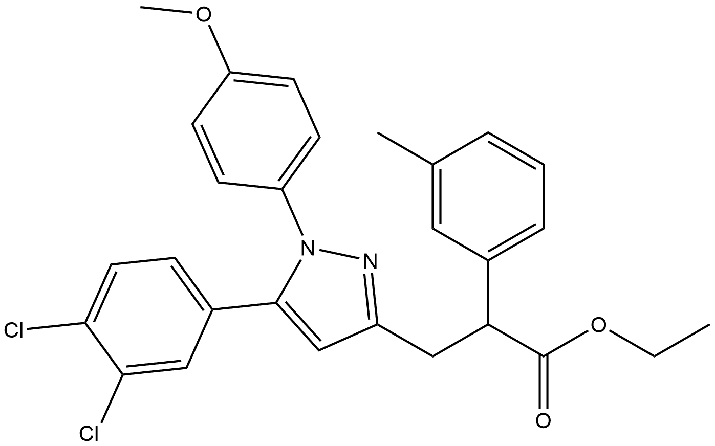 1H-Pyrazole-3-propanoic acid, 5-(3,4-dichlorophenyl)-1-(4-methoxyphenyl)-α-(3-methylphenyl)-, ethyl ester 结构式