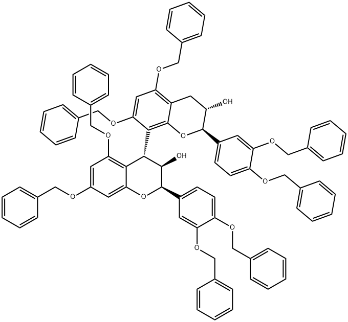 [4,8'-Bi-2H-1-benzopyran]-3,3'-diol, 2,2'-bis[3,4-bis(phenylmethoxy)phenyl]-3,3',4,4'-tetrahydro-5,5',7,7'-tetrakis(phenylmethoxy)-, (2R,2'R,3R,3'S,4R)- 结构式