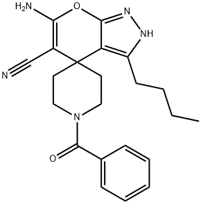6-amino-3-butyl-2,4-dihydropyrano[2,3-c]pyrazole-5-carbonitrile-4-spiro-4'-(1'-benzoylpiperidine) 结构式