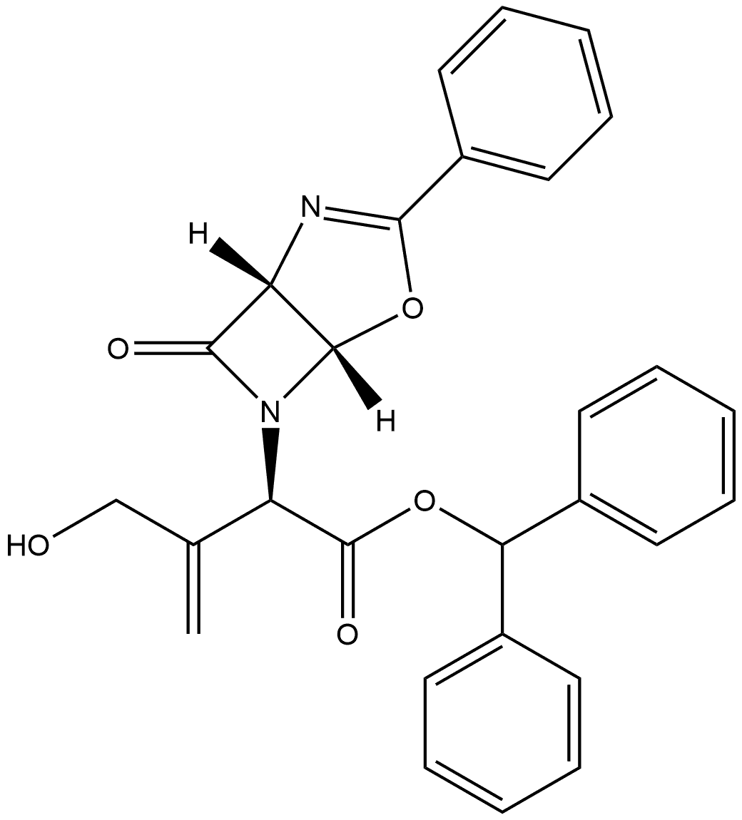 4-Oxa-2,6-diazabicyclo[3.2.0]hept-2-ene-6-acetic acid, α-[1-(hydroxymethyl)ethenyl]-7-oxo-3-phenyl-, diphenylmethyl ester, (αR,1R,5S)- 结构式