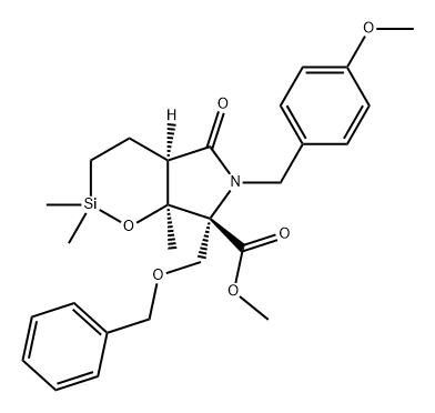 1,2-Oxasilino[5,6-c]pyrrole-7-carboxylic acid, octahydro-6-[(4-methoxyphenyl)methyl]-2,2,7a-trimethyl-5-oxo-7-[(phenylmethoxy)methyl]-, methyl ester, (4aR,7R,7aS)- 结构式