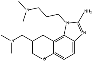 Pyrano[3,2-e]benzimidazole-1(7H)-propanamine, 2-amino-8-[(dimethylamino)methyl]-8,9-dihydro-N,N-dimethyl- 结构式