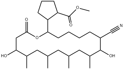 Cyclopentanecarboxylic acid, 2-(7-cyano-8,16-dihydroxy-9,11,13,15-tetramethyl-18-oxooxacyclooctadec-2-yl)-, methyl ester (8CI) 结构式