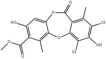 11H-Dibenzo[b,e][1,4]dioxepin-7-carboxylic acid, 2,4-dichloro-3,8-dihydroxy-1,6-dimethyl-11-oxo-, methyl ester 结构式