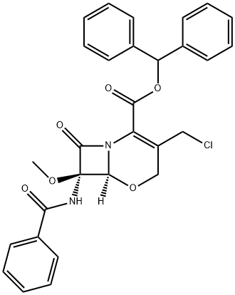 (6R)-7t-benzoylamino-3-chloromethyl-7c-methoxy-8-oxo-(6rH)-5-oxa-1-aza-bicyclo[4.2.0]oct-2-ene-2-carboxylic acid benzhydryl ester 结构式