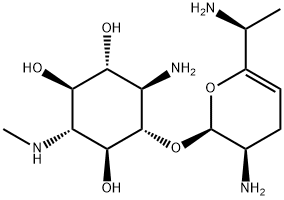 1-Amino-2-O-[(2S)-3α-amino-6-[(S)-1-aminoethyl]-3,4-dihydro-2H-pyran-2α-yl]-1,4-dideoxy-4-(methylamino)-D-scyllo-inositol 结构式