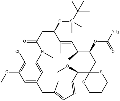 Spiro[2-azabicyclo[16.3.1]docosa-1(22),6,13,15,18,20-hexaene-11,2'-[1,3]dithian]-3-one, 9-[(aminocarbonyl)oxy]-21-chloro-5-[[(1,1-dimethylethyl)dimethylsilyl]oxy]-12,20-dimethoxy-2,6,8,16-tetramethyl-, [5S-(5R*,6E,8R*,9R*,12S*,13E,15E)]- (9CI) 结构式