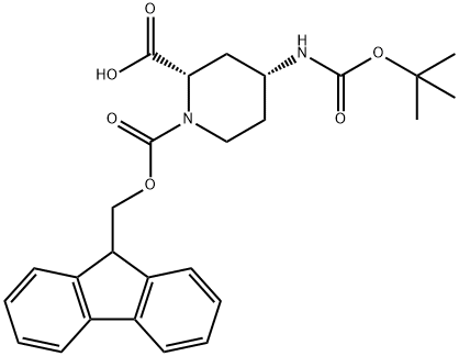 1,2-Piperidinedicarboxylic acid, 4-[[(1,1-dimethylethoxy)carbonyl]amino]-, 1-(9H-fluoren-9-ylmethyl) ester, (2S,4R)- 结构式