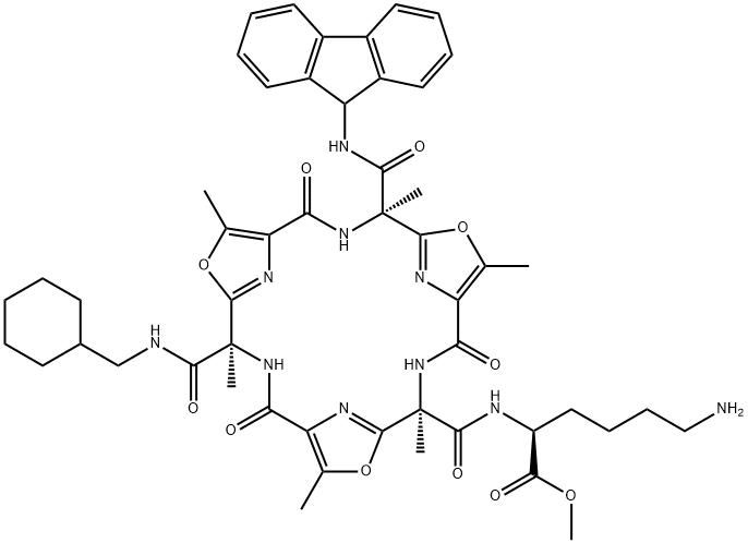 L-Lysine, N2-[[(4R,11R,18R)-11-[[(cyclohexylmethyl)amino]carbonyl]-18-[(9H-fluoren-9-ylamino)carbonyl]-4,7,11,14,18,21-hexamethyl-2,9,16-trioxo-6,13,20-trioxa-3,10,17,22,23,24-hexaazatetracyclo[17.2.1.15,8.112,15]tetracosa-5(24),7,12(23),14,19(22),21-hexaen-4-yl]carbonyl]-, methyl ester 结构式