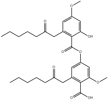 Benzoic acid, 2-hydroxy-4-methoxy-6-(2-oxoheptyl)-, 4-carboxy-3-methoxy-5-(2-oxoheptyl)phenyl ester 结构式