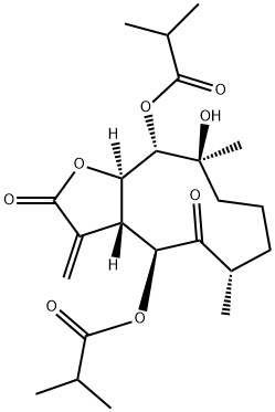 Propanoic acid, 2-methyl-, (3aR,4S,6S,10S,11S,11aR)-dodecahydro-10-hydroxy-6,10-dimethyl-3-methylene-2,5-dioxocyclodeca[b]furan-4,11-diyl ester (9CI) 结构式