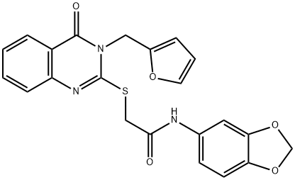 N-(苯并[D][1,3]二氧戊环-5-基)-2-((3-(呋喃-2-基甲基)-4-氧代-3,4-二氢喹唑啉-2-基)硫基)乙酰胺 结构式