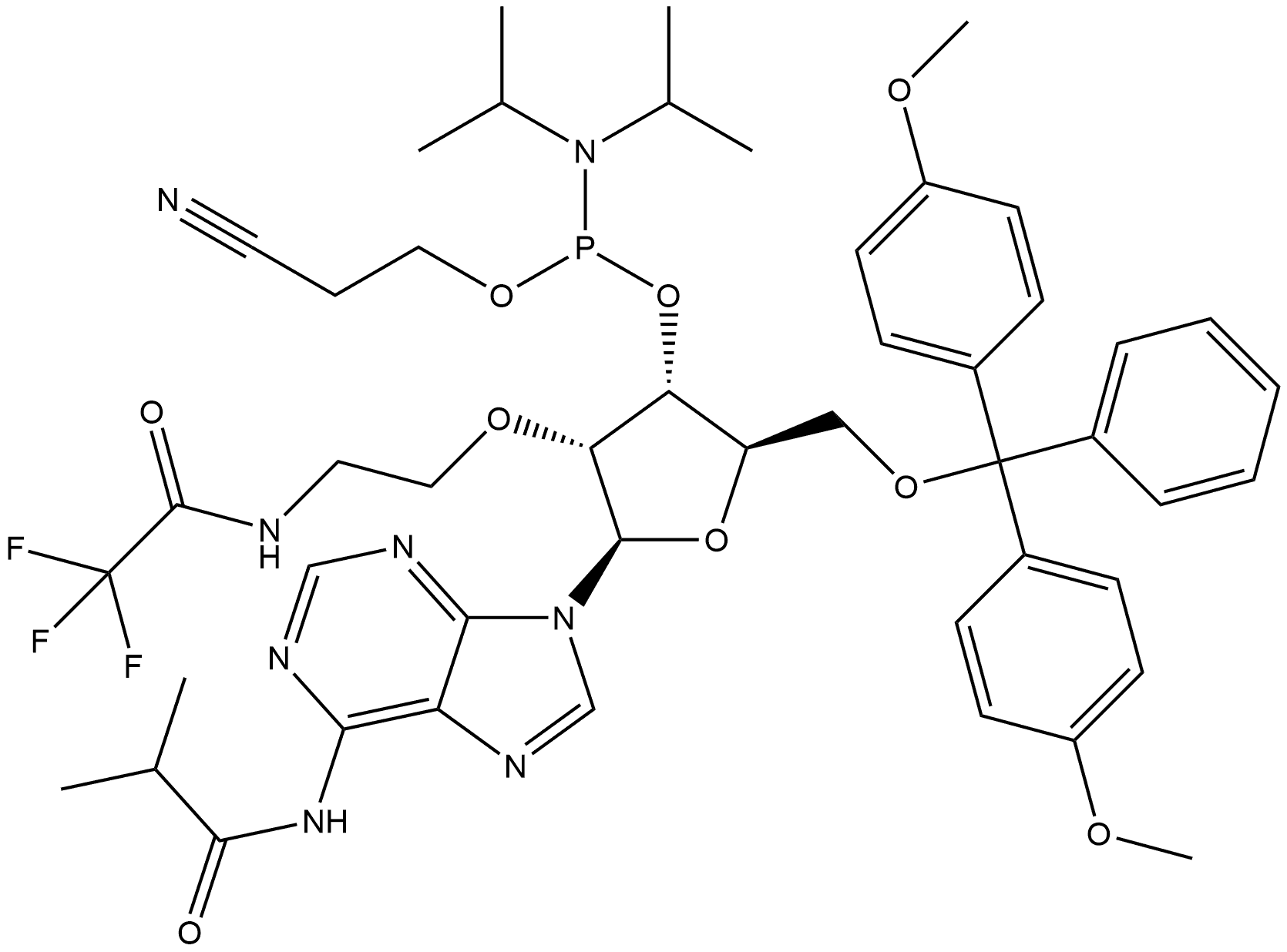 Adenosine, 5'-O-[bis(4-methoxyphenyl)phenylmethyl]-N-(2-methyl-1-oxopropyl)-2'-O-[2-[(trifluoroacetyl)amino]ethyl]-, 3'-[2-cyanoethyl bis(1-methylethyl)phosphoramidite] (9CI) 结构式