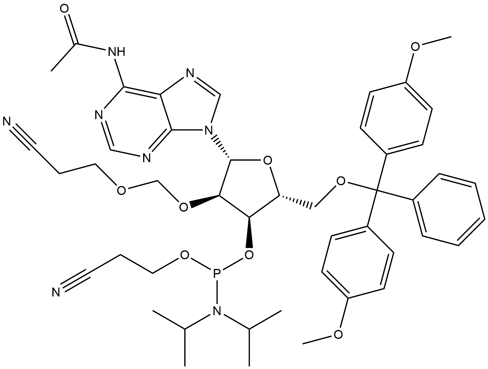 Adenosine, N-acetyl-5'-O-[bis(4-methoxyphenyl)phenylmethyl]-2'-O-[(2-cyanoethoxy)methyl]-, 3'-[2-cyanoethyl N,N-bis(1-methylethyl)phosphoramidite] 结构式